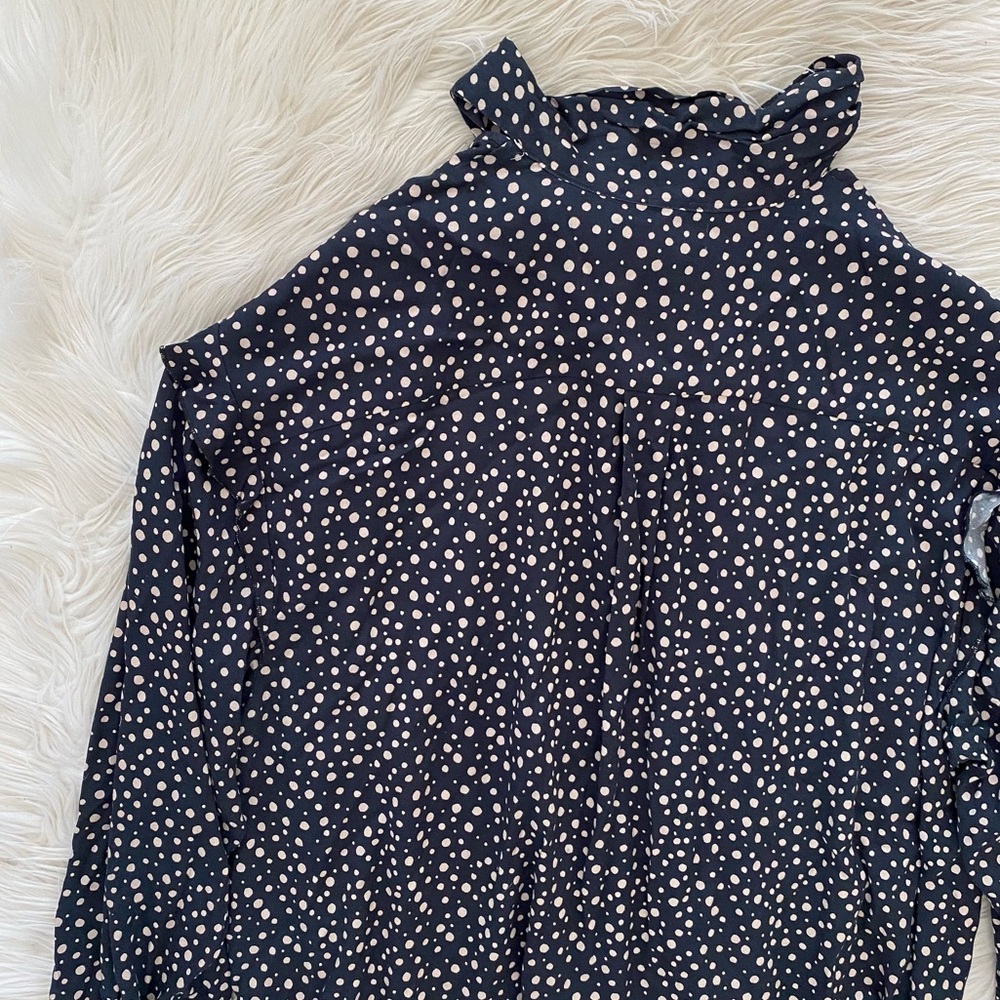 11 Honore Black Tan Scatter Polka Dot Long Sleeve Tie V-Neck Flowy Mini Dress - Picture 7 of 12
